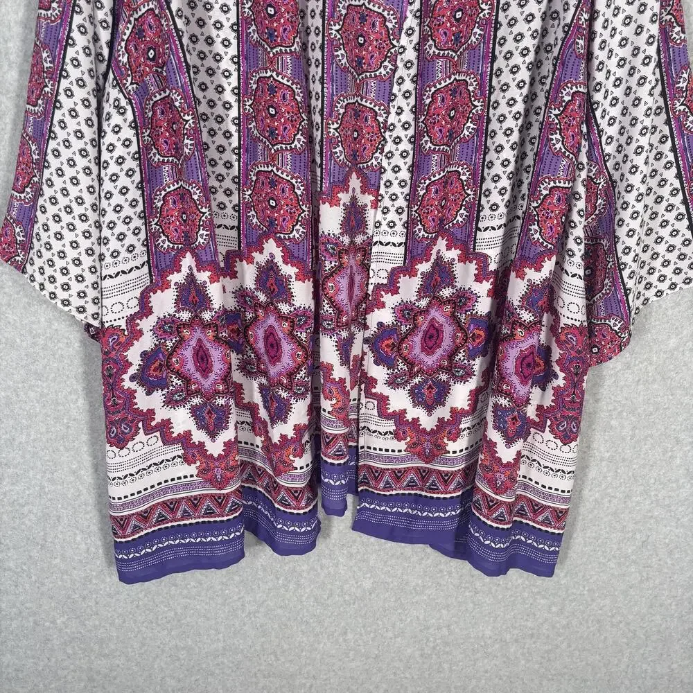 Catherines Kimono Cardigan 3X Pink Purple Paisley Boho Cover Up Medallion Duster